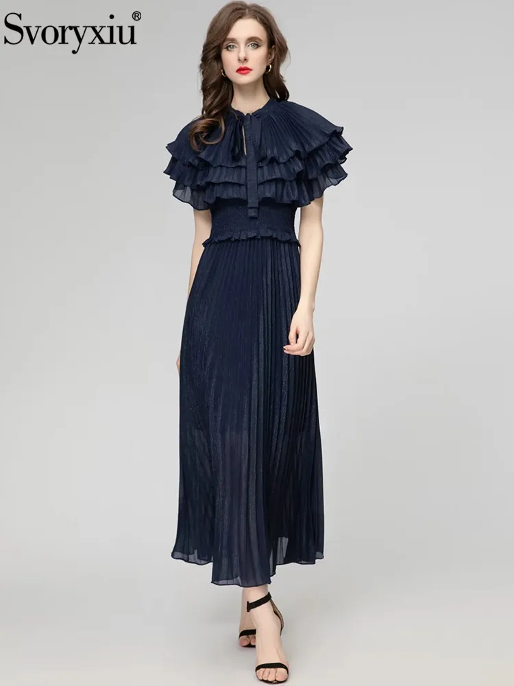

Svoryxiu Fashion Designer Summer Dark Blue Elegant Long Dress Women's Bow Collar Flounces Sleeve High Waist A-Line Pleated Dress