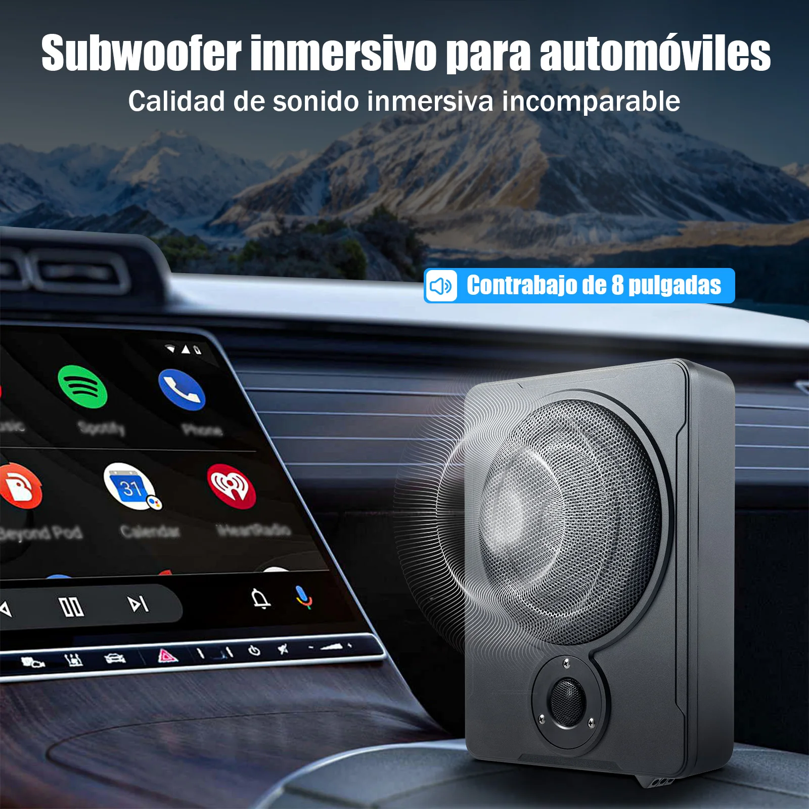 Altavoz de graves para coche o camión, Kit de Audio Delgado, Subwoofer alimentado debajo del asiento, 8 pulgadas, 600W