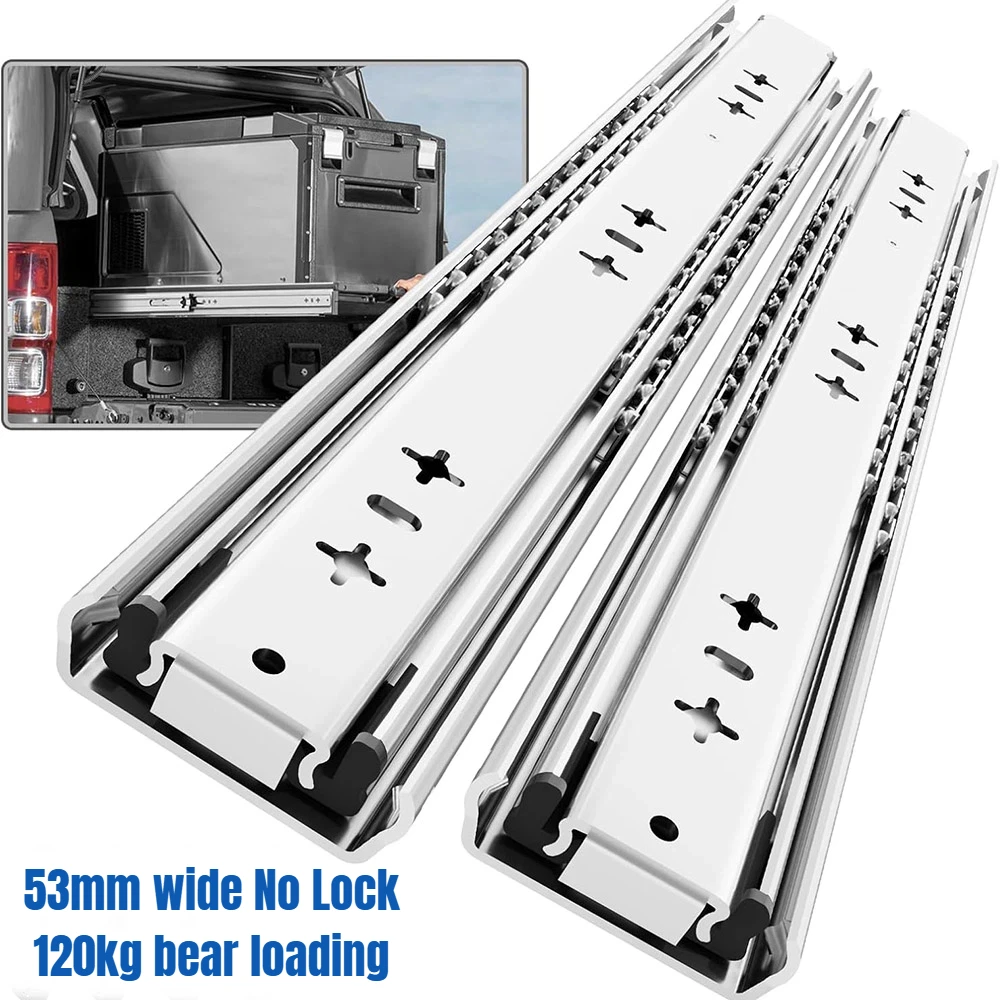 

1 Pair Heavy Duty Drawer Slides 53mm Wide No Lock Load Capacity 120kg Full Extension Ball Bearing Side Mount Rail
