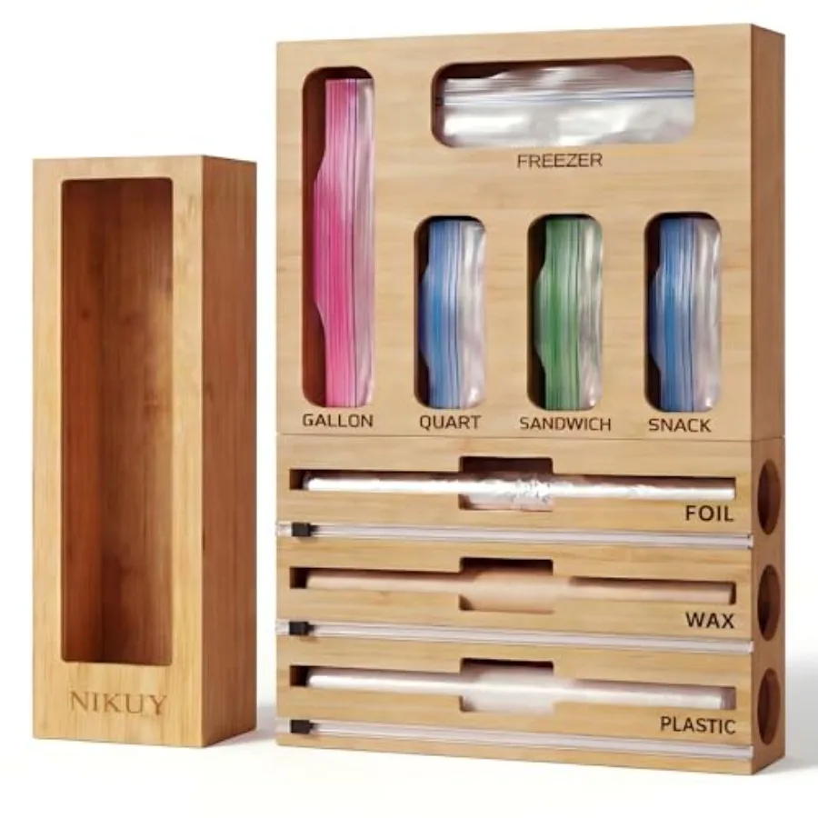 

9 IN 1 Bamboo Foil and Plastic Wrap Organizer for Kitchen Drawer, Plastic Bag Organizer Organization and Storage, Food Storage