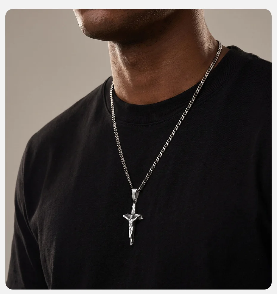 Vnox Herren Vintage Antik-Look Edelstahl Jesus Kruzifix Kreuz Anhänger Halskette, Retro Grau Religiöser Katholischer Halsschmuck – Detail 2