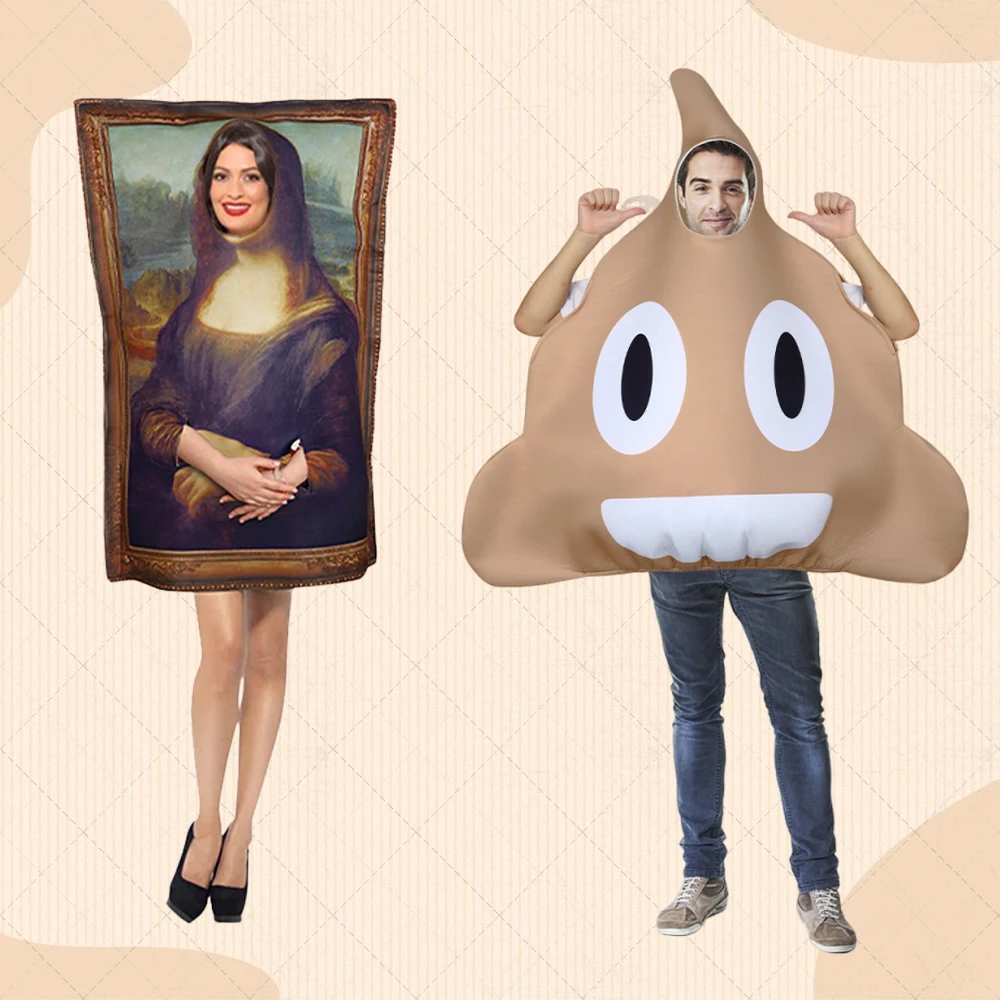 Lustiges Daddy Poo Kostüm & Mona Lisa Parodie Wandbild Cosplay Outfit für Halloween Schulparty Eltern-Kind-Matching-Set