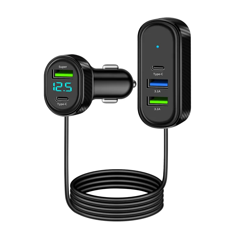 Cargador de coche de extensión frontal y trasera USB tipo C de 5 puertos de 100W con Cable de extensión de 1,5 M adaptador de corriente de carga rápida para teléfono