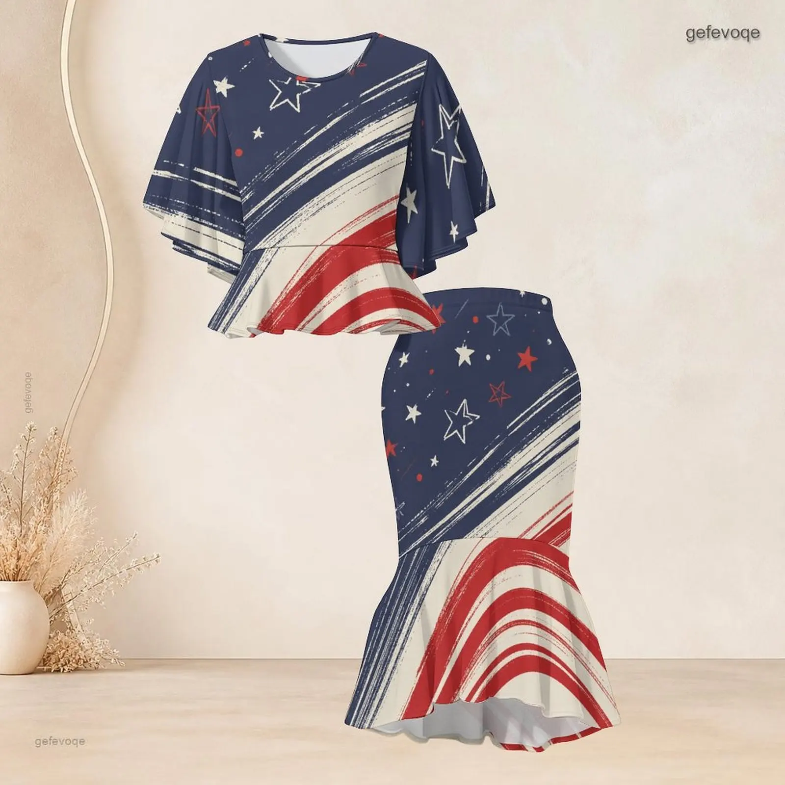 Printed Skirt Set for Women Batwing Sleeve Ruffle Hem Top Fishtail Skirt Two Piece