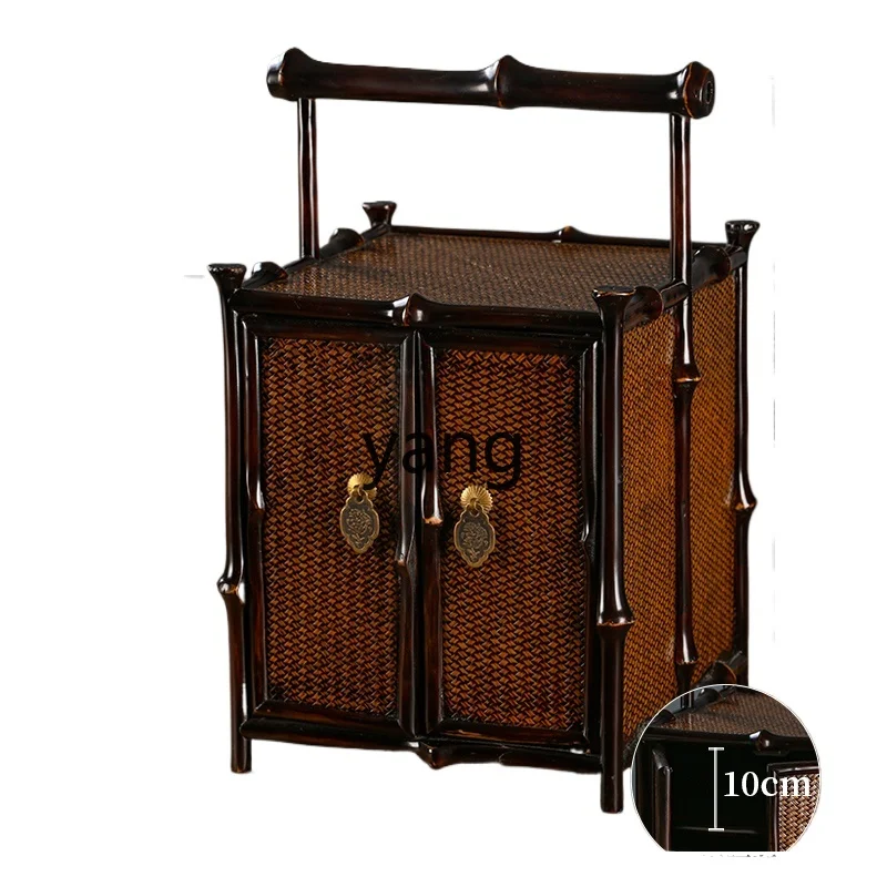 Yjq Desktop Ming-Style Tea Cabinet Tea Set Storage Cabinet with Drawer Bamboo Woven Hand-Carried Box Bamboo Furniture