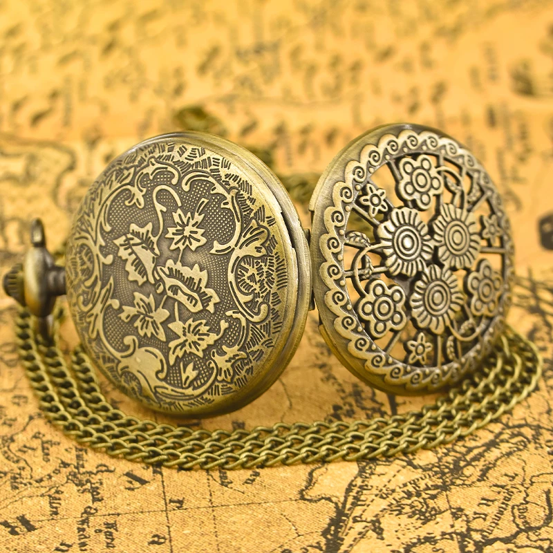 Reloj de bolsillo de cuarzo para estudiantes, collar tallado de flores, creativo, Vintage, bronce, concha de abrazadera, moda masculina y femenina, Universal