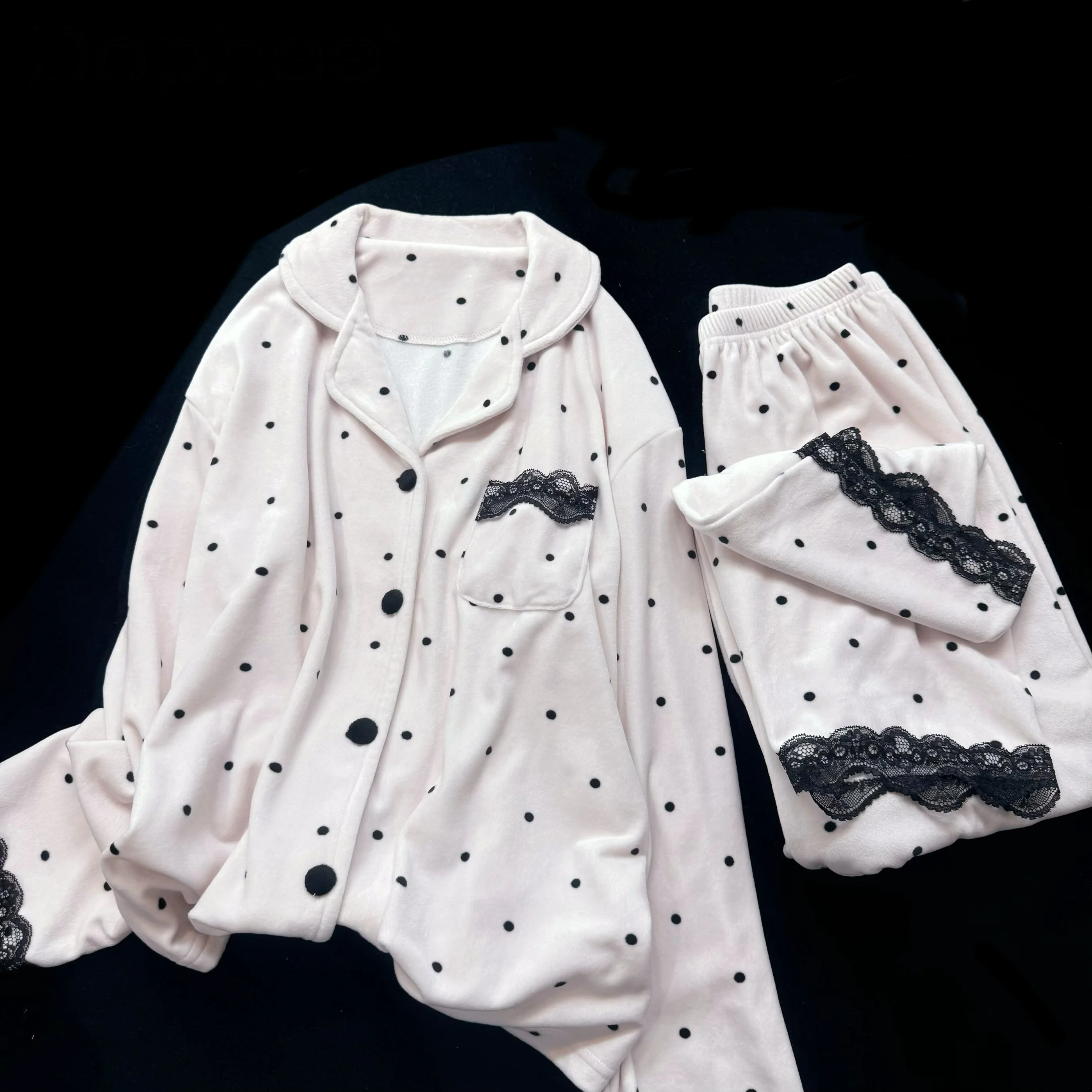 Sweet Girl Japanese Ins Storm Point Plush Pajamas Autumn and Winter Long Sleeves Warm and Comfortable Casual Loungewear Suit