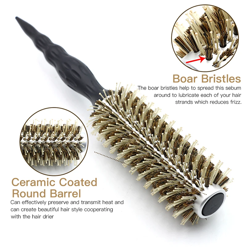 Professional Salon Hair Round Brush Boar Bristles Anti-static and Heat Resistant Ceramic Coating Hairdresser Brush Hair Brush