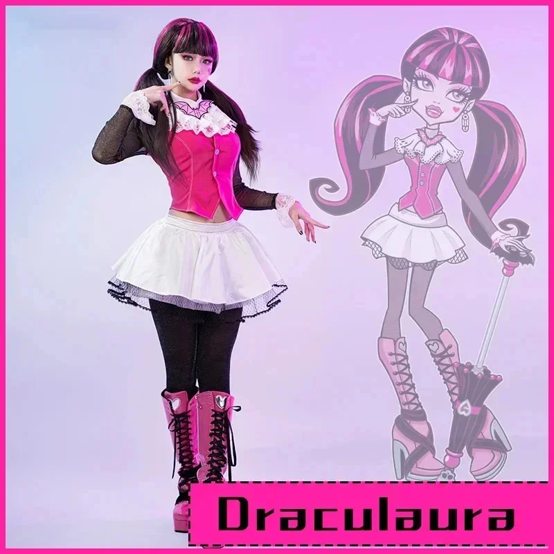 HN8 Monster High: disfraz de Cosplay de Dráculaura, traje rosa, disfraz de vampiro de Anime para mujer, disfraces de Halloween) 4Dc