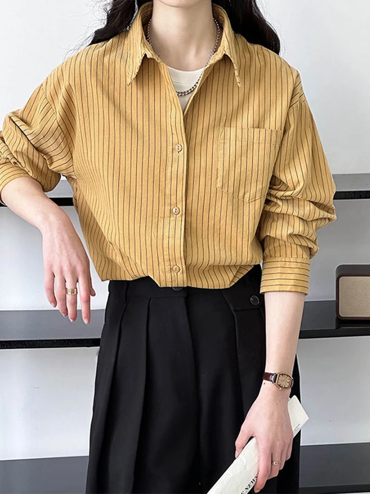 [LANMREM] Fashion Striped Loose Shirts For Women 2024 Autumn New Lapel Single Breasted Blouses Female Cotton Tops 26D8219