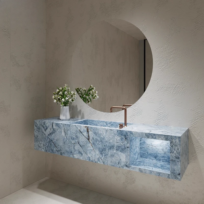 

Ice silk blue jade marble luxury stone rock slab narrow edge thin edge deep sink wall hanging basin
