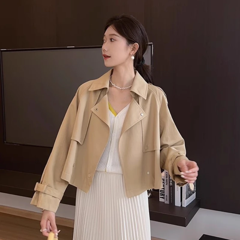 Khaki Cropped Trench Women Baggy Korean Office Lady Leisure Popular Basic Autumn Outerwear Harajuku Vintage  Coats New 2023