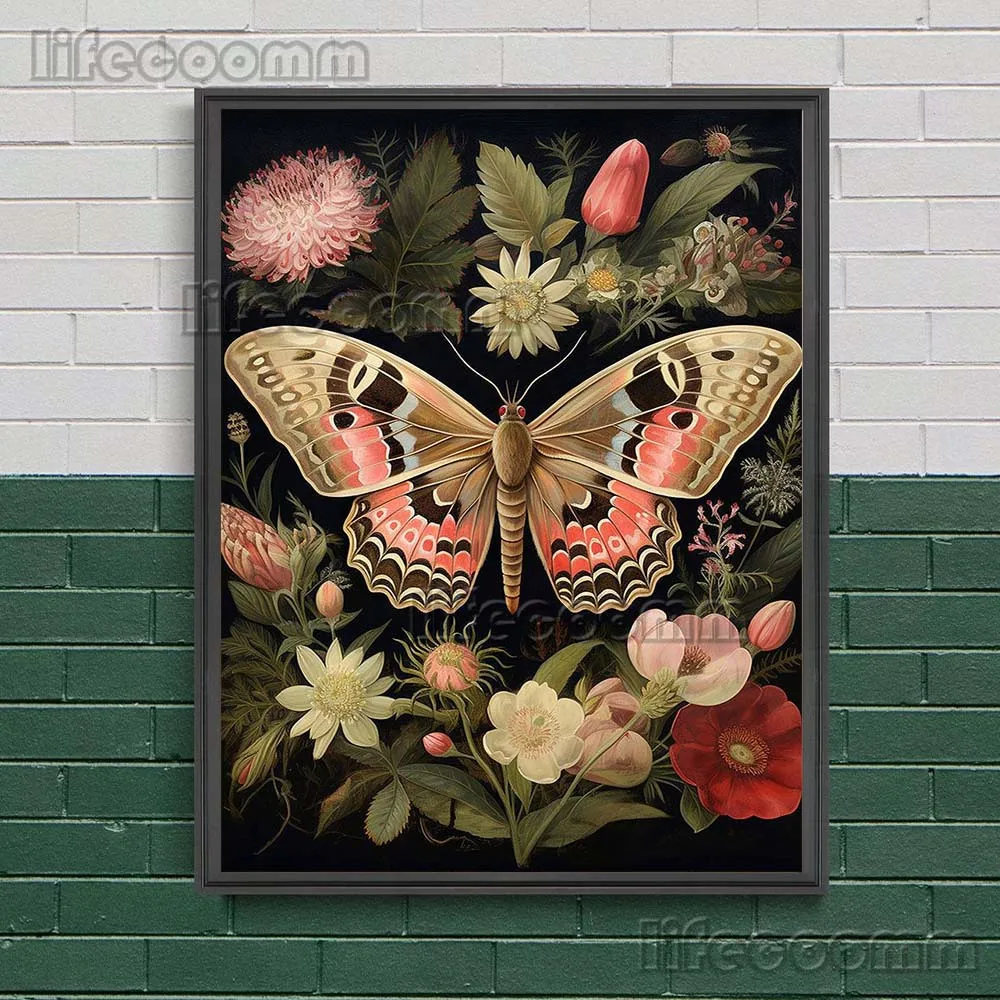 Woodland Dark-Blue Moth And Butterfly Vintage Wall Art Canvas Print Goblincore Floral Dark Academia Art Poster Print Decoration