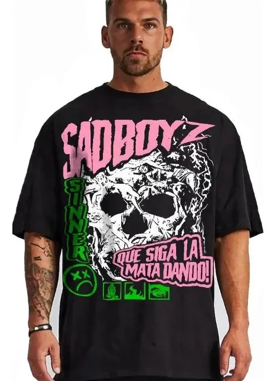Men's Sad Boy Latin Urban Quote Vintage Washed T-Shirt, Pink Green Emo Streetwear Graphic Tee