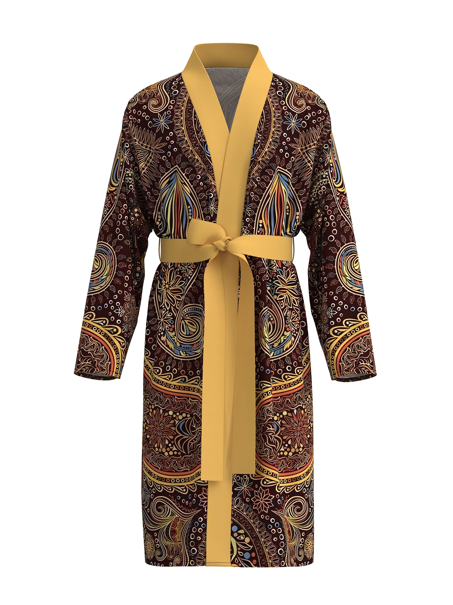 

Men's 3D printed bathrobe with golden Peris pattern, skin-friendly, quick-drying, spring and autumn thin style with belt