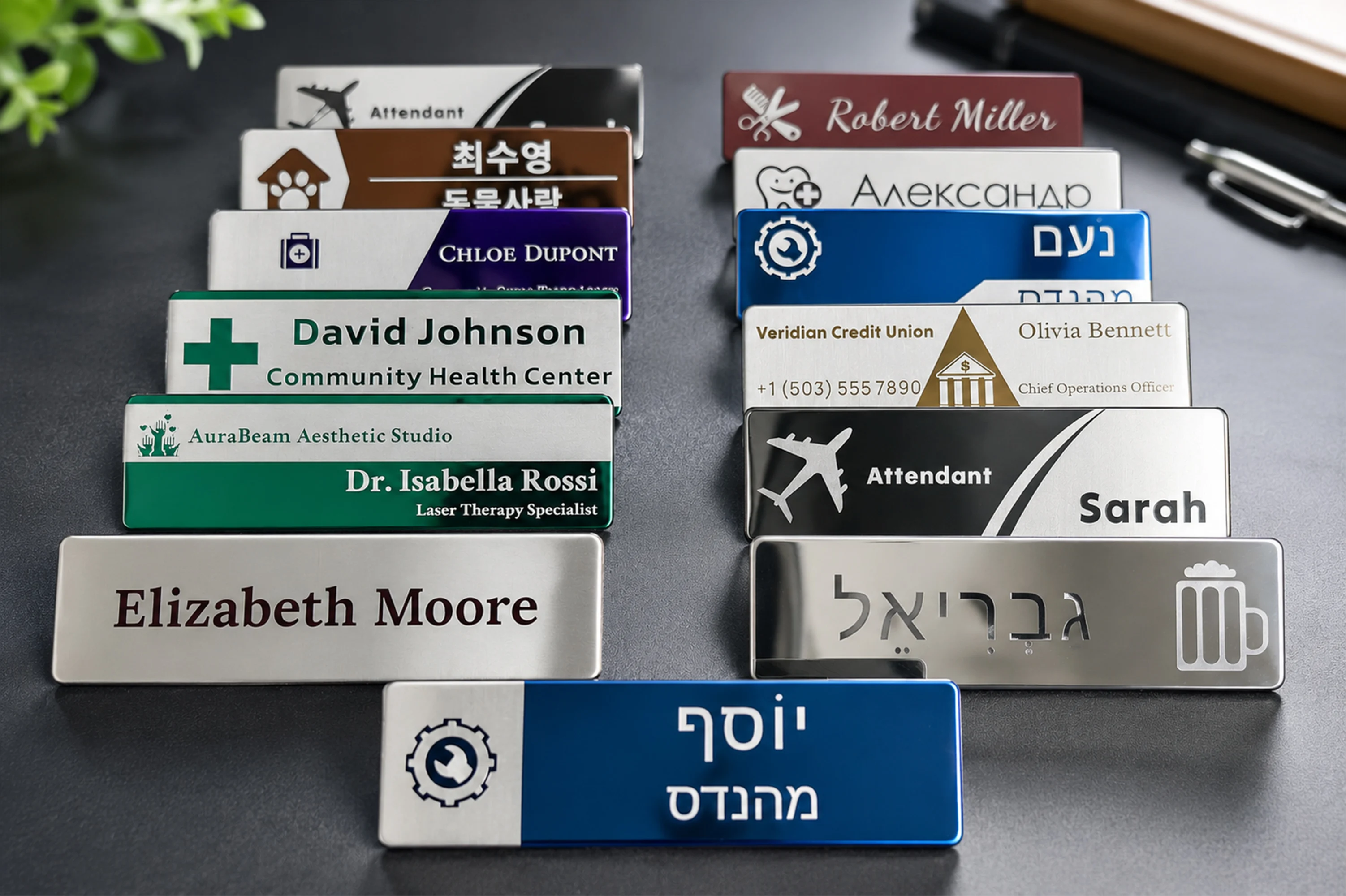 Etiqueta de nome personalizada de aço inoxidável com clipe de pino - crachá de trabalho personalizado gravado identificação comercial placa de identificação de metal