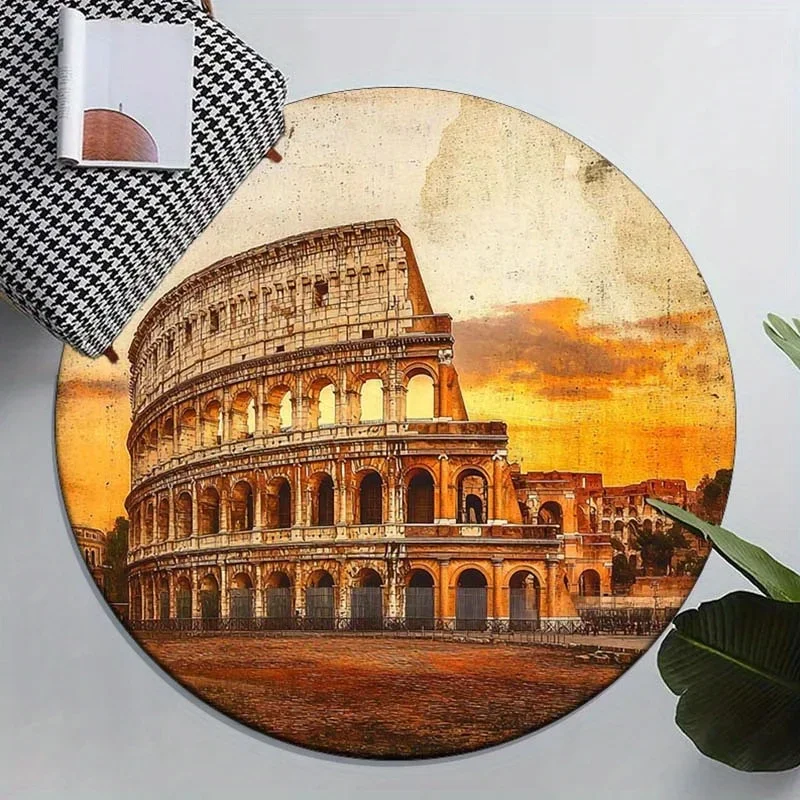 Round Crystal Velvet Rug Roman Colosseum Sunset Print Living Room Decor Antique Style Floor Mat Home Decoration Artistic Design