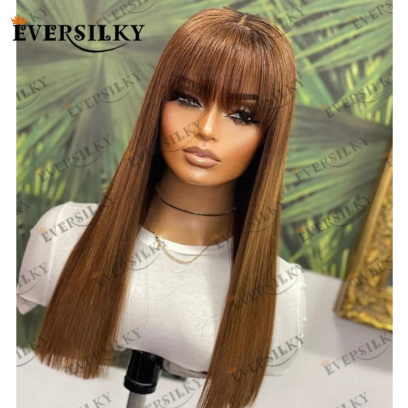 Light Caramel Brown Silky Straight 100% Human Hair Wigs with Bangs Indian Fringe 13x6 Deep Part Lace Front Wigs for Black Women