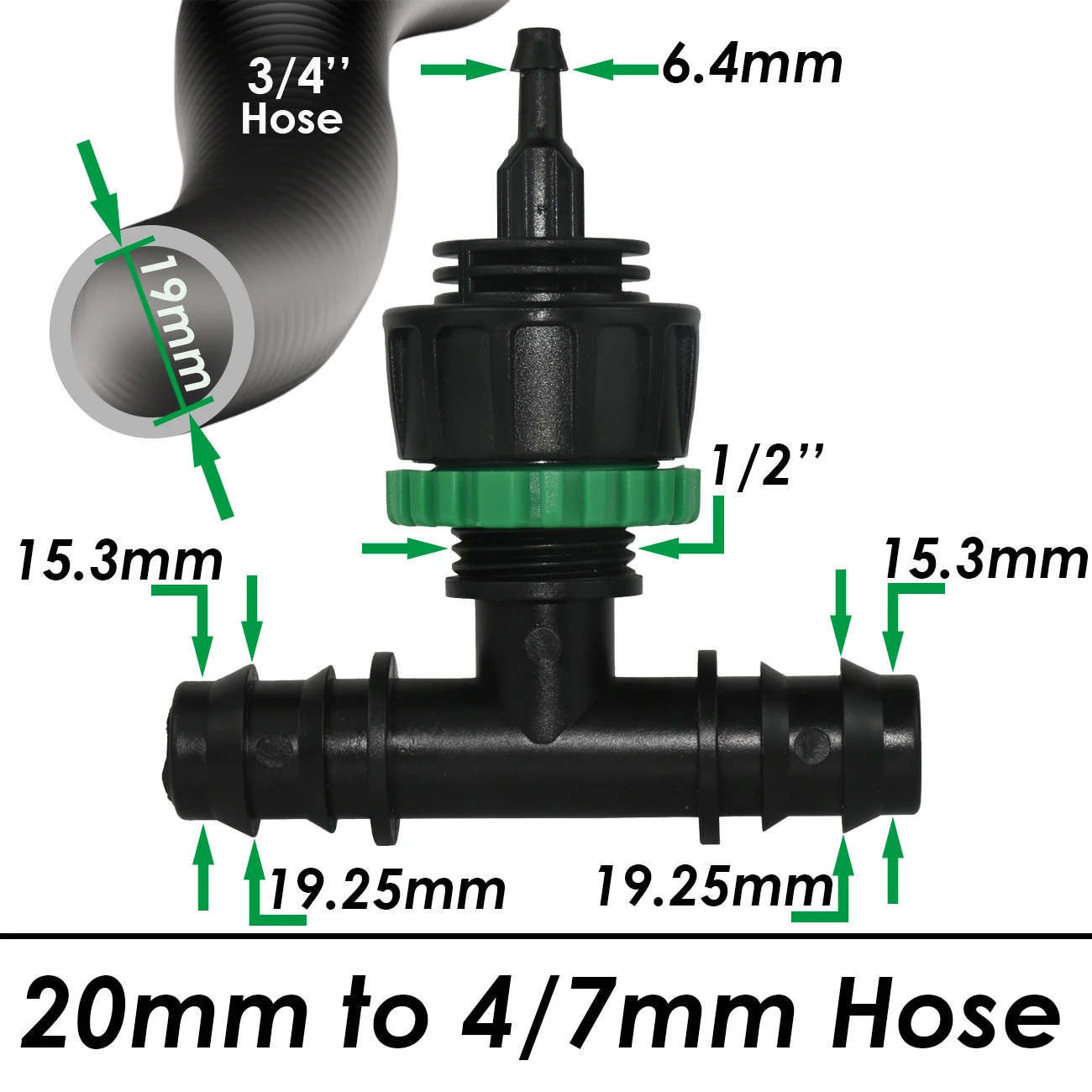 Sprycle 1/2 3/4 1'' Barbed Tee Connecter 16mm 20mm 25mm Garden Water Pipe to 4/7mm 1/4'' Hose Joints Coupling Adapter Extrension