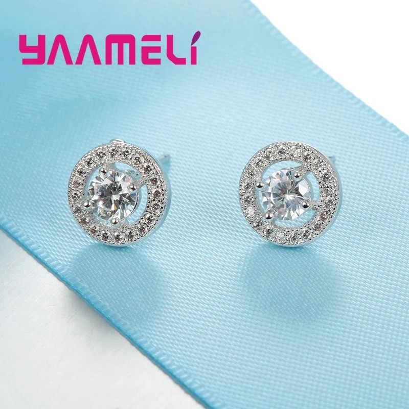 

Genuine 925 Sterling Silver Sparkling Round Shape Crystal Zircon Stud Earrings for Women Girls Wedding Engagement Jewelry Gifts