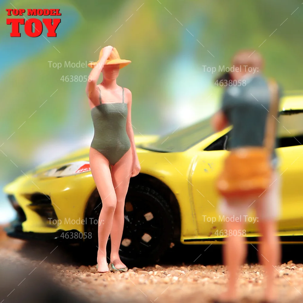

Painted Miniatures 1/64 1/43 1/87 Bikini Girl Lady Wearing Hat Scene Figure Dolls Unpainted Model For Cars Vehicles Toy