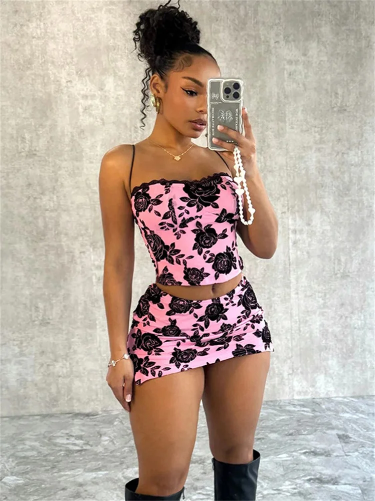 Simenual Fairycore Florals Printed Two Piece Sets Sexy Lace Stitch Straps Tank Top Bodycon Mini Skirt Slim Y2K Co-ord Suit Women