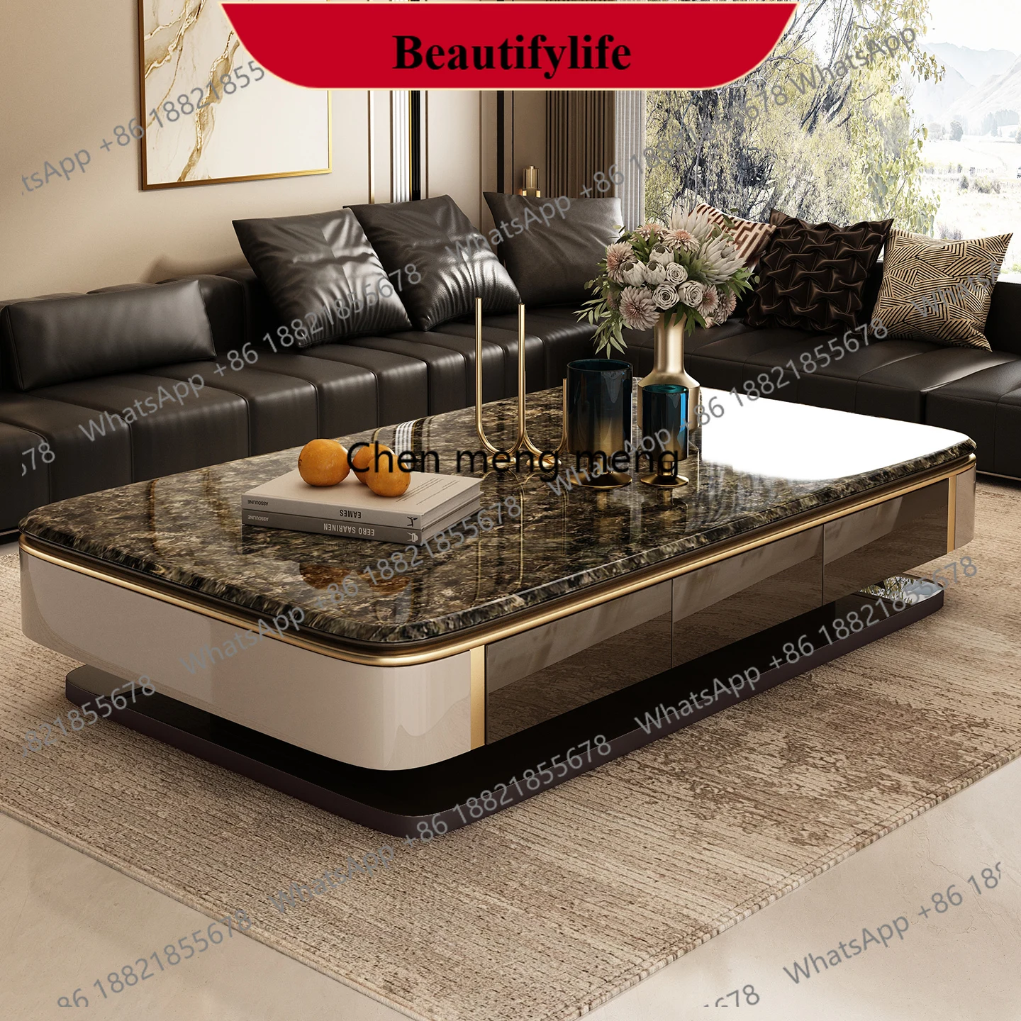 D178 High-end marble coffee table, light luxury villa, living room, home heightened solid wood luxury stone coffee table
