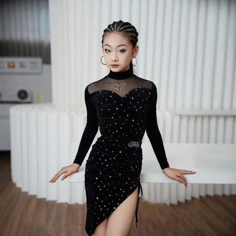 

Black Velvet Drill Latin Dance Costume Girls Latin Dance Clothing Children'S National Standard Ballroom Dance Wear DW10297