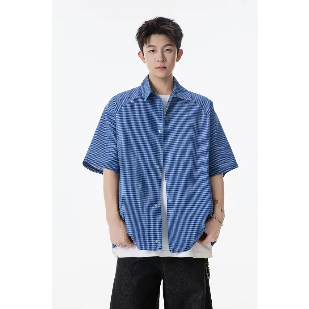 

American Retro Teenage Plaid ort Sve irt Men's Summer New Loose Casual irt Five-Sve Top Breathable Wear-Resistant