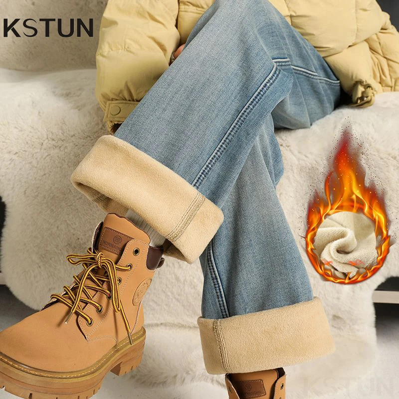 

KSTUN 2025 Winter Jeans For Women High Waist Mom Warm Plush Stretch Jeans Narrow Straight Cut Lady Fleece Snow Denim Pants Girl
