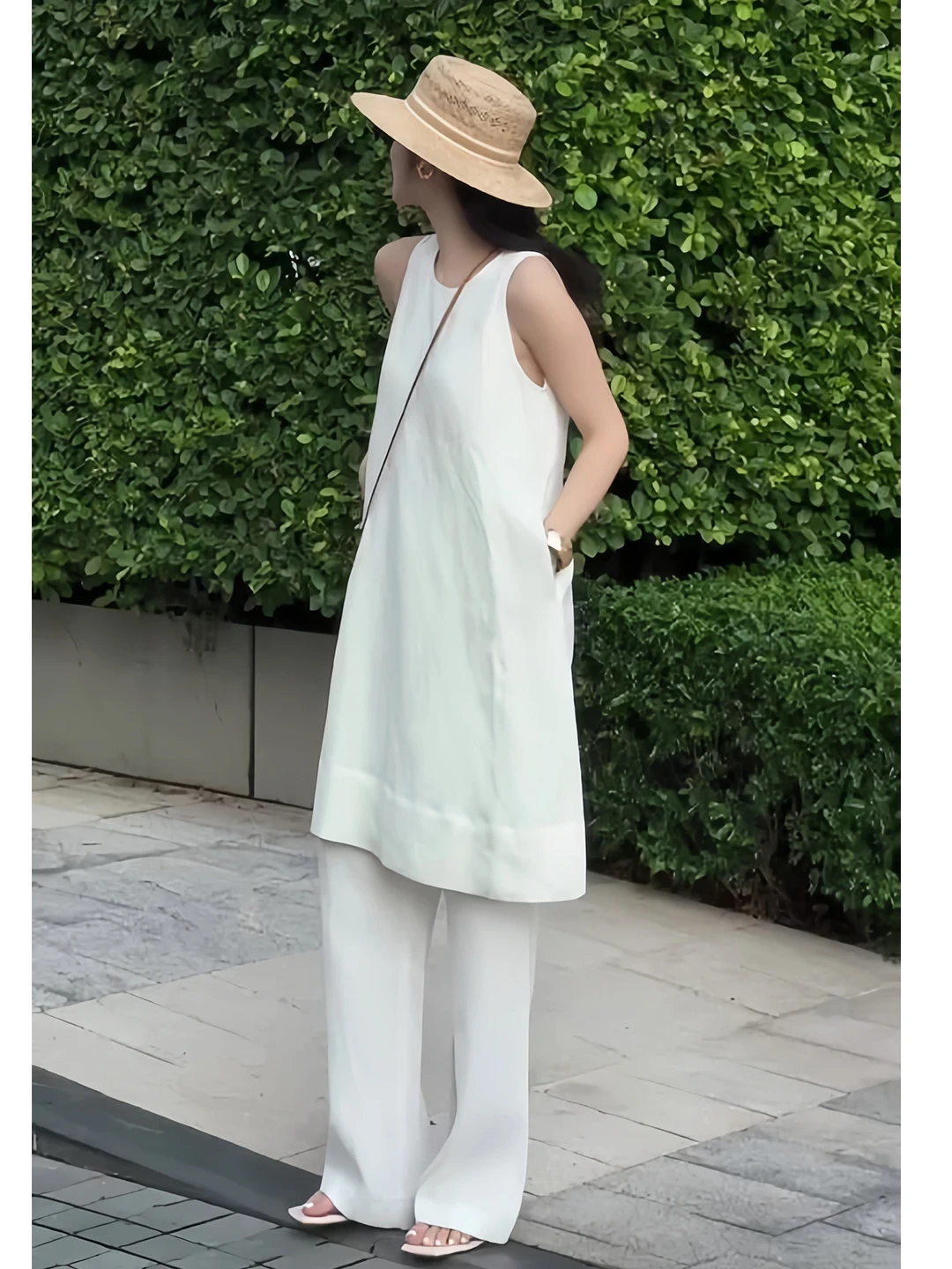 

Casual Cotton Linen Sleeveless Set Women Summer Lazy Versatile Long Pants Two Piece Set round Neck Button up Loose Fit Fashion