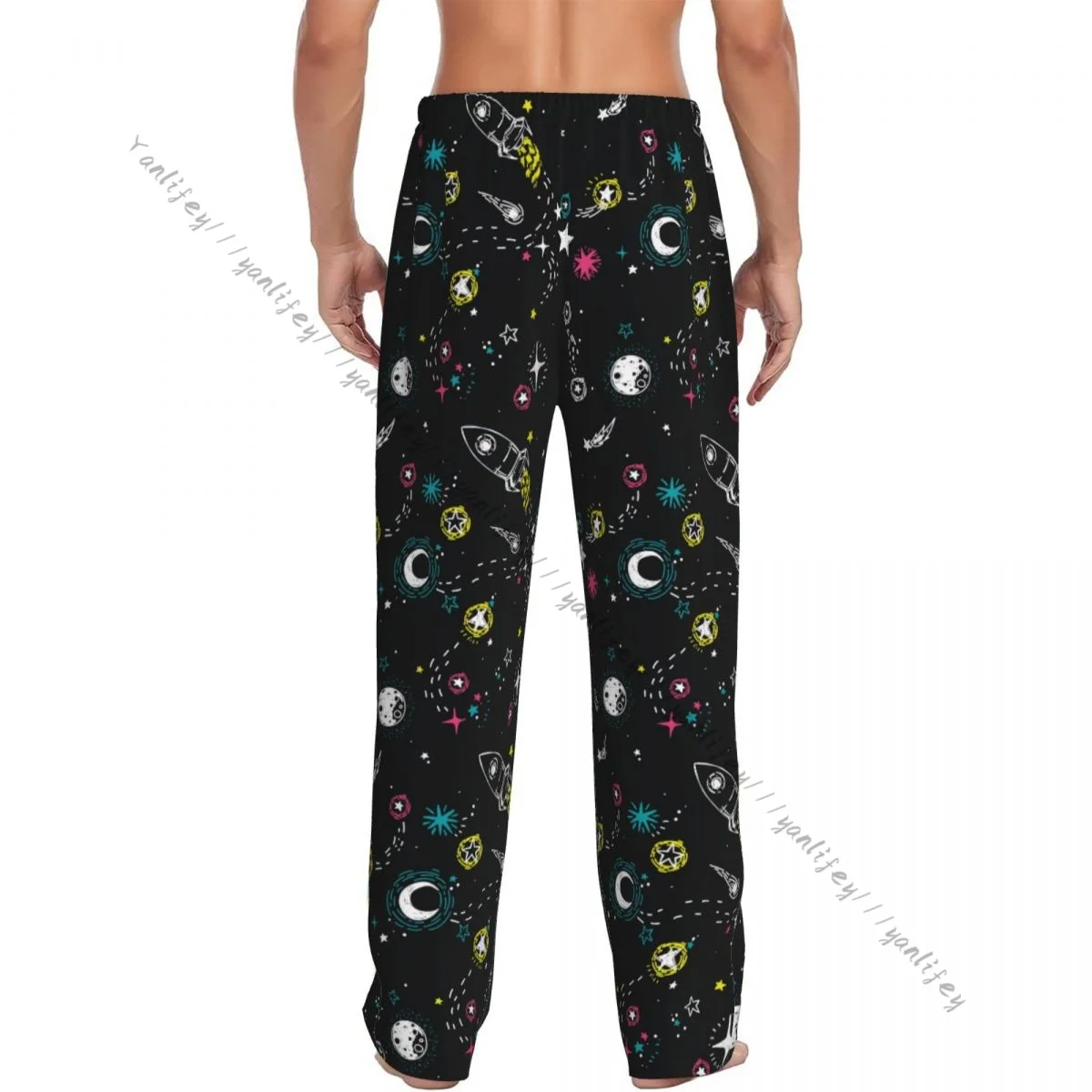 Men's Casual Pajama Sleeping Pants Stars Rockets Comets And Planets Lounge Loose Trousers Comfortable Nightwear