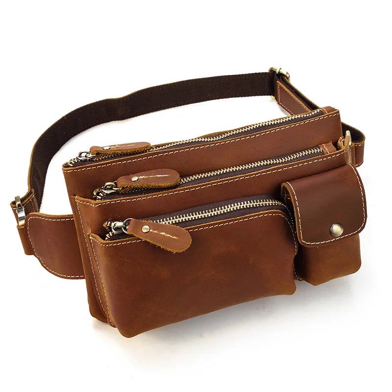 Retro pop men's leather chest bag crazy horse skin waist bag top layer leather leisure sports messenger bag mobile phone bag