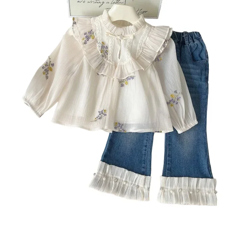 

Korean Version of Girls' Embroidered Doll Shirt +Casual Jeans for Girls Kids Clothes Girls' Clothing 2025 Autumn New