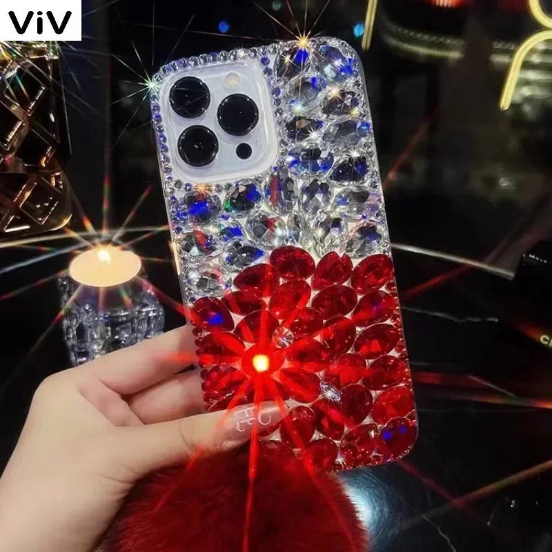 Luxury Gemstone Bling Rhinestone Fur Hairball Phone Case For Samsung Galaxy S24 S10 S20 Plus S21 FE S22 23Ultra Note20 10 Cover