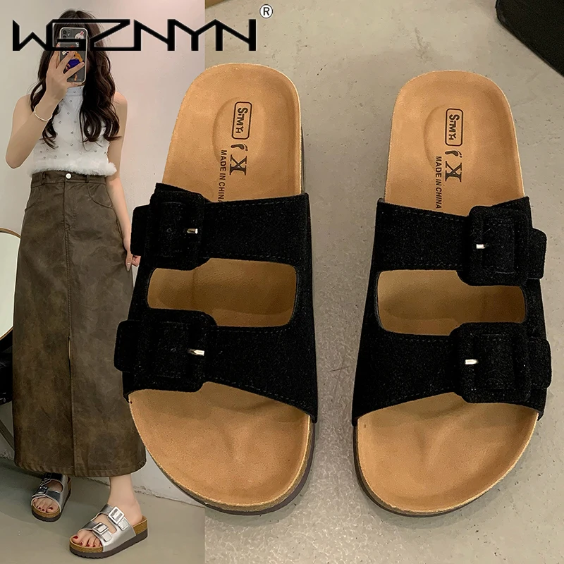 Summer Women Sandals Flats Cork Slippers Casual Shoes Fashion Leather Buckle Beach Slides Flip Flop Luxury Designer Slippers