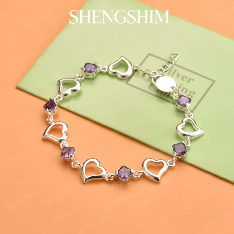 SHENGSHIM 925 Sterling Silver Purple Zircon Openwork Heart Bracelet Bangle For Women Girls Fashion Jewelry Engagement Party Gift