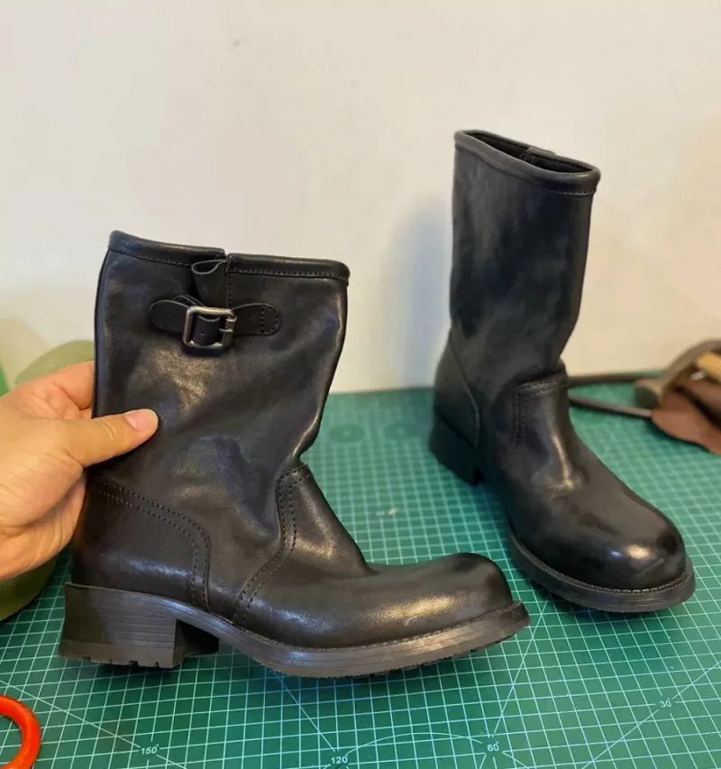 Womens Boots Cow Leather Hanmade Boots Round Toe Med Heel Modern BOtas Slip on Shoes Street Style Concise Female Ankle Boots