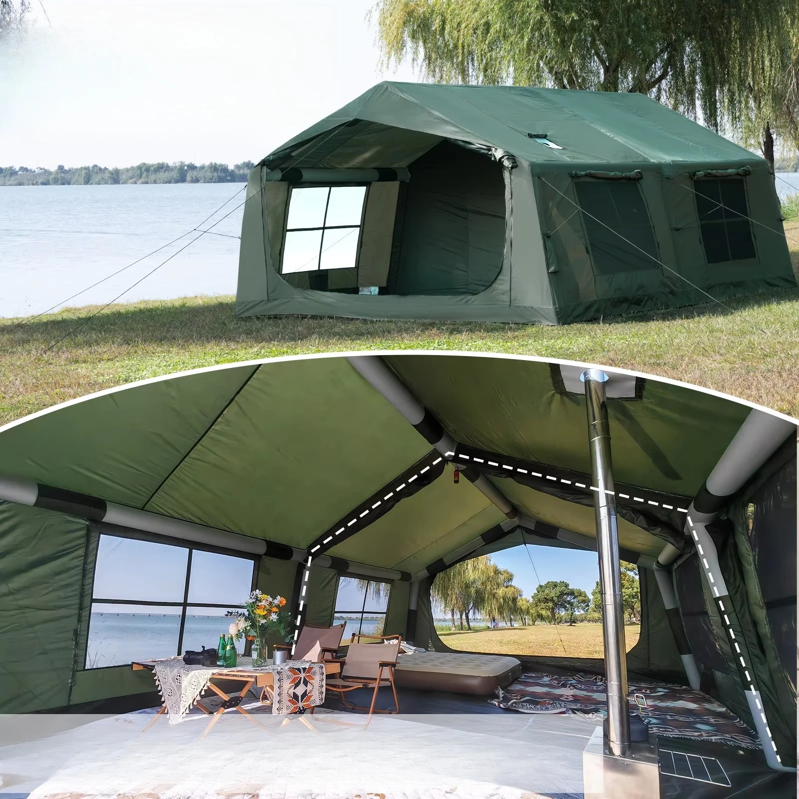 vb-Luxury Large Inflatable Air Tent 17.8㎡ Extra-Living Space Waterproof Family Tent for Four Season Glamping&