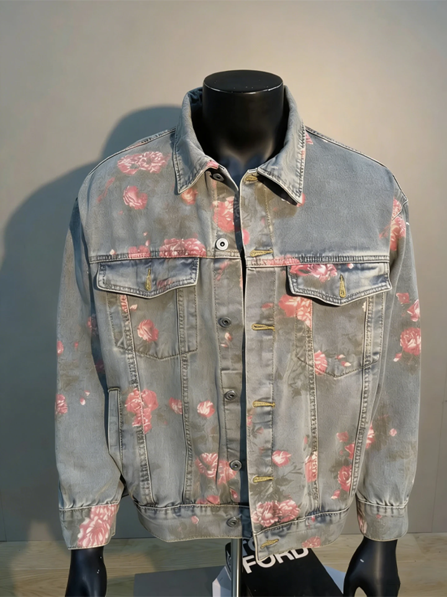 

Floral Print Waed Denim Jaet Men's Spring Autumn American Retro Collar Jeans Vest Trendy Design Casual Outerwear Coat