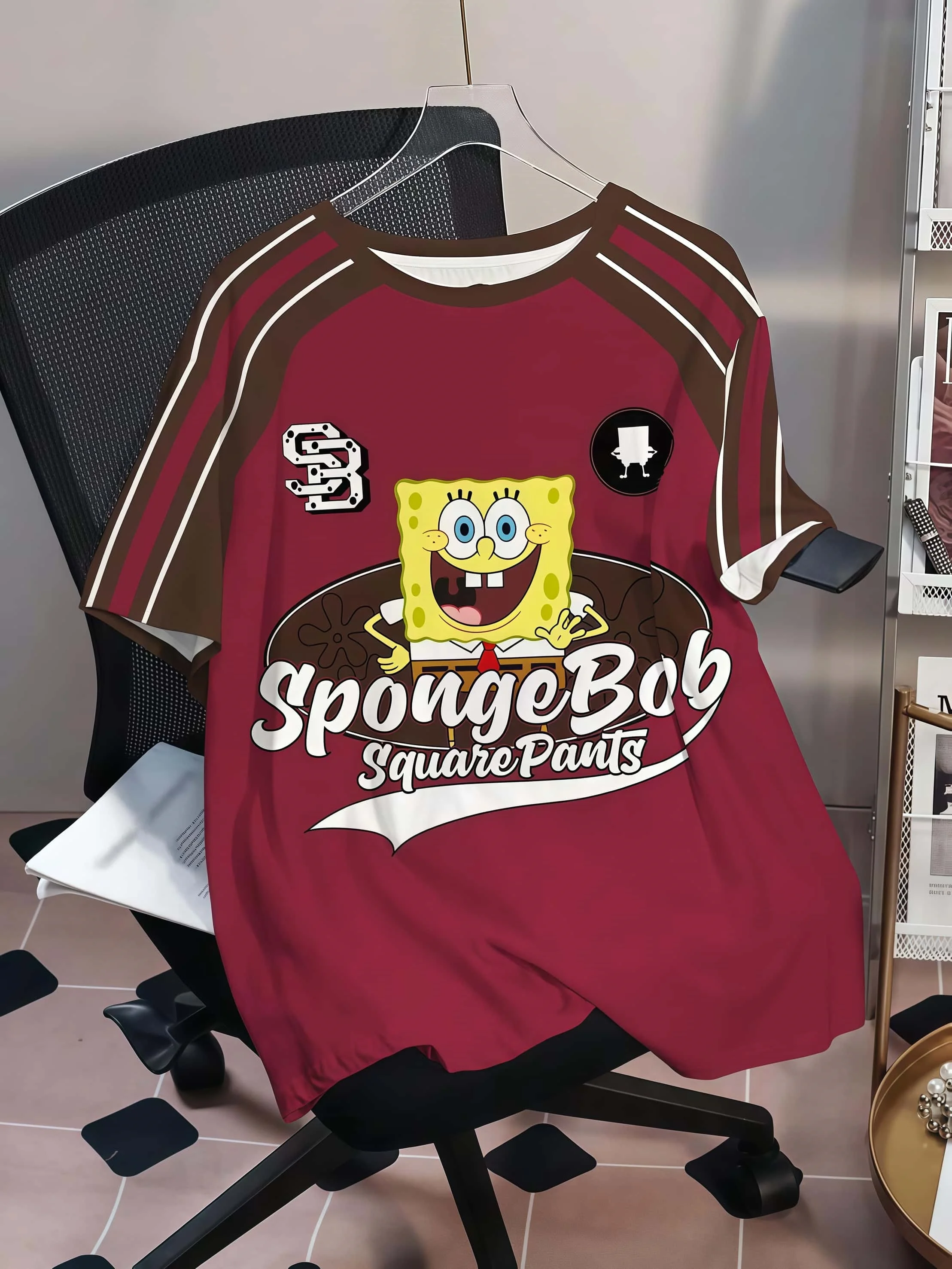 Wine Red Retro SpongeBob SquarePants Children's Adult Couple Parent Child 3D Printed Loose Casual Daily T-shirt