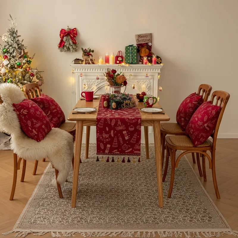 Red Christmas Polyester Table Runner Christmas Snowflake Deer Bed Runner Table Decoration Bucket Cabinet TV Cabinet Covers