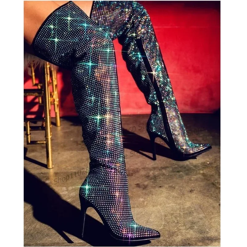 

Thigh High Black Full Crystal Decor Big Size Boots Thin High Heel Women Shoes Side Zipper Pointed Toe 2023 Zapatos Para Mujere