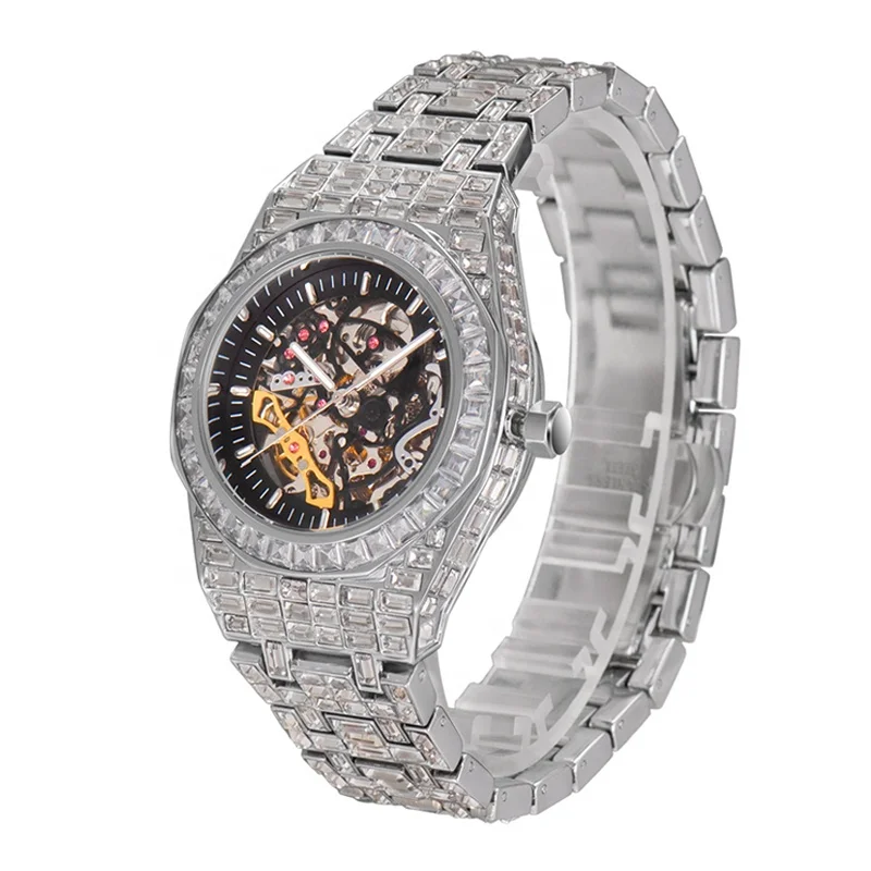 Fashion Iced Out Baguette Diamond Men's Mechanical Watch Stainless Steel Luxury Men Sports Wrist Watches