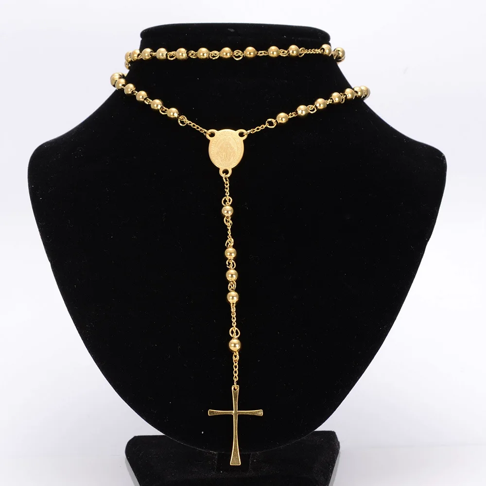 Tisnium 4/6/8mm Bohemian Style Woman Necklace Jesus Cross Pendant on a Long Chain High Quality Stainless Steel Bead Link