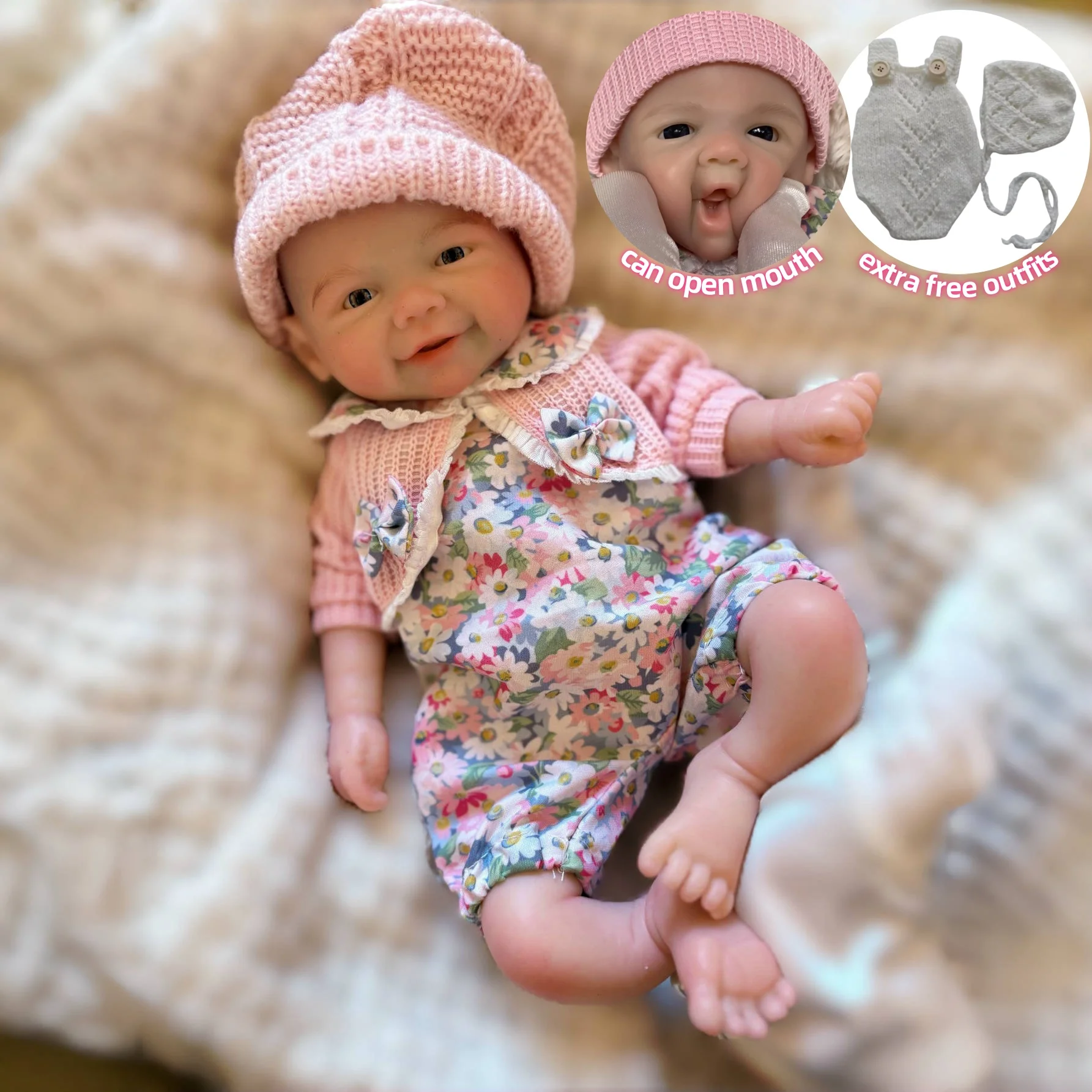

13Inch Open Mouth Vivienne Reborn Doll Full Body Soft Silicone Girl, 2 Sets of Outfits Painted Bebe Doll Toys reborn de silicone