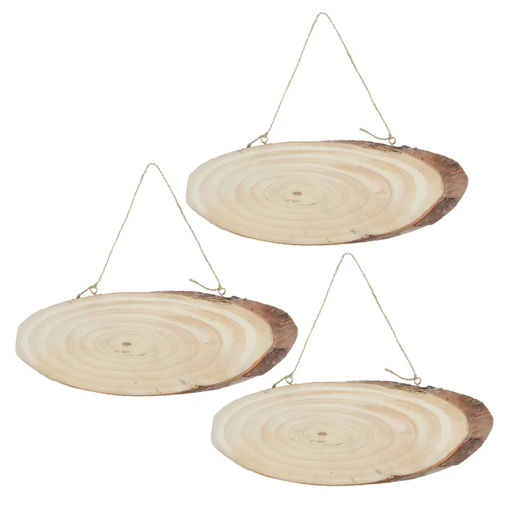 

3pcs Pine Wood Decoration Signboard Oval Tags Double Sided Polished Craft DIY Wooden Discs Bark Jute Rope Hanging Hooks Wedding