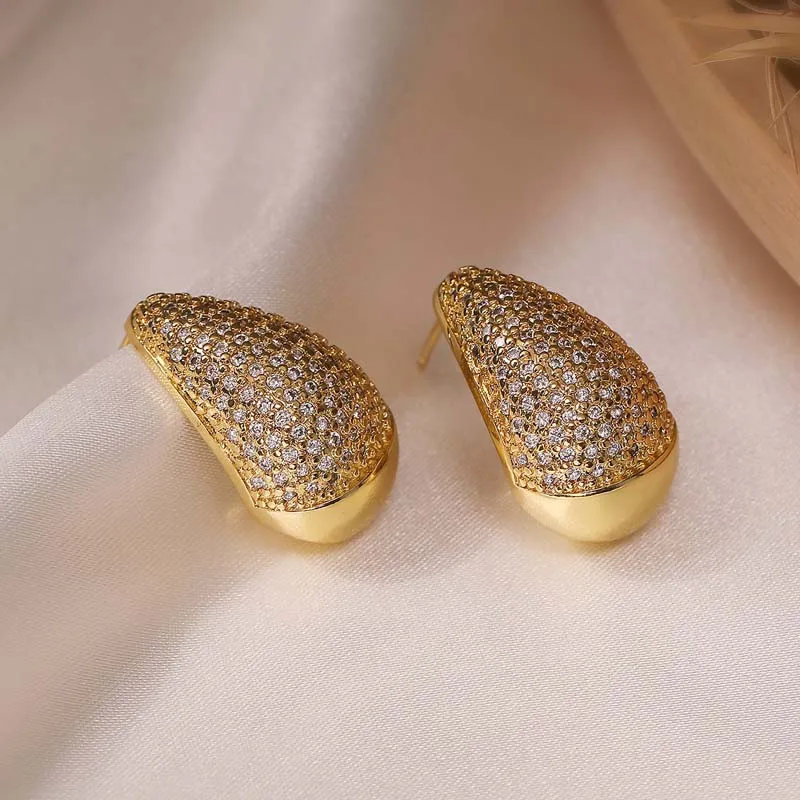 Korean Gold Color Zircon Water Drop Stud Earrings for Women Exquisite Elegant Thick Hollow Teardrop Earrings Wedding Jewelry