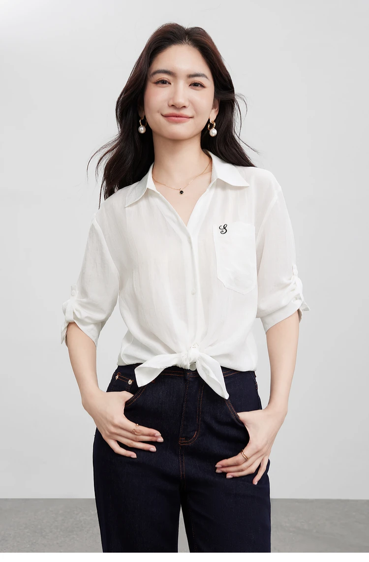

SENTUBILA Women's Shirt Summer 2025 Lyocell Regular Fit Top V-Neck Lapel Embroidered Long Sleeve Comfort Office Blouse 152C59034