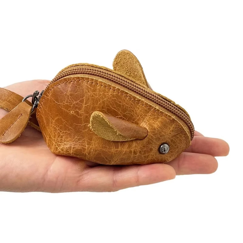 Cute Mouse Shape Leather Coin Purse, Vintage Zipper Key Pouch, Mini Animal Wallet Multi-color Portable Earbud Storage Bag